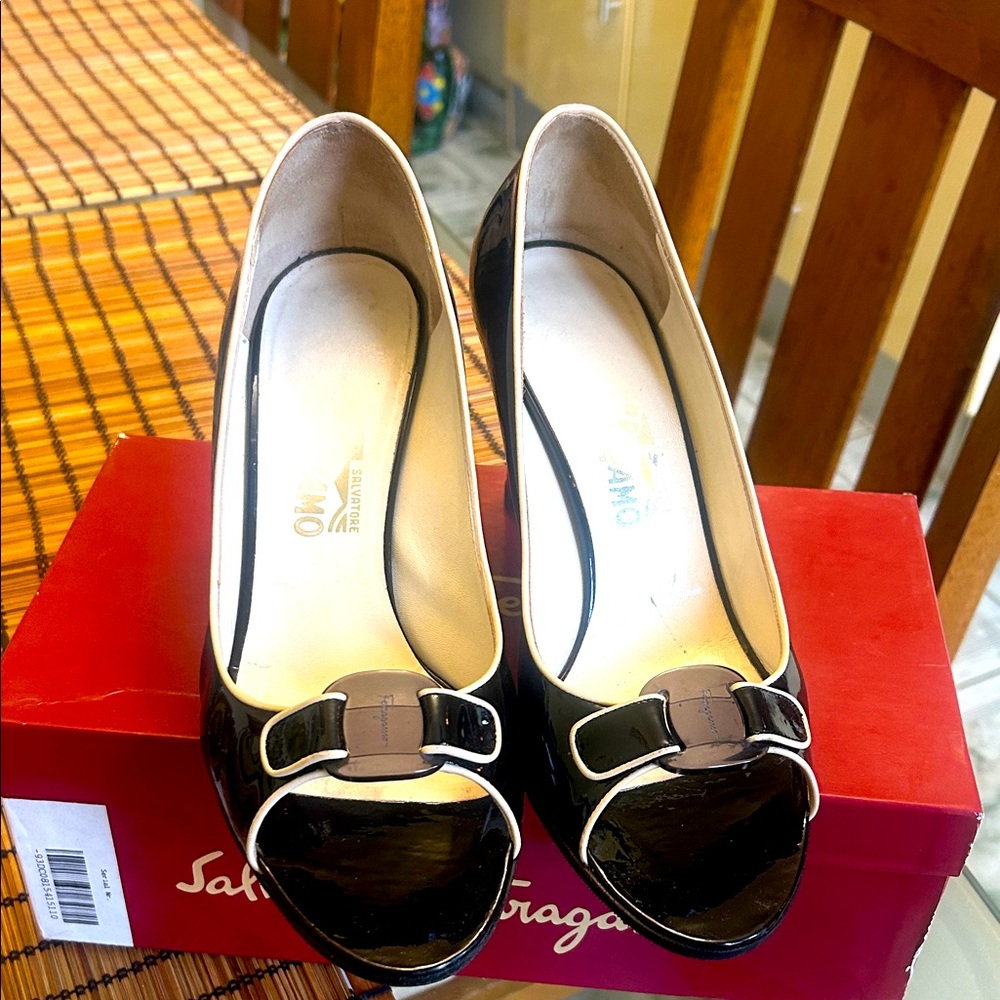 Salvatore Ferragamo Black Patent Peep-Toe Heels